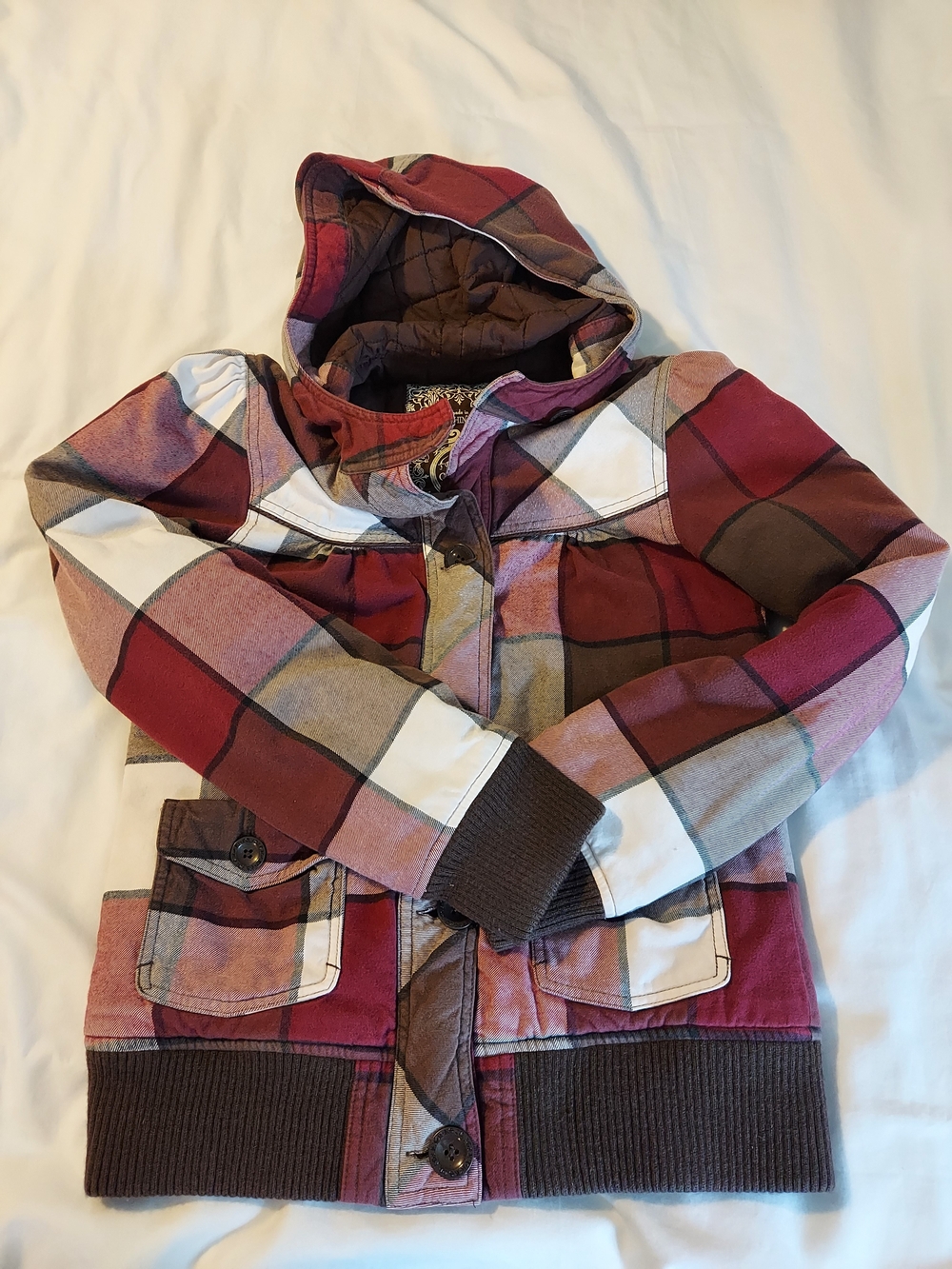 Fox Riders Company Plaid Patchwork Bomber Jacket with Hood Cozy Fall L - Picture 8 of 8